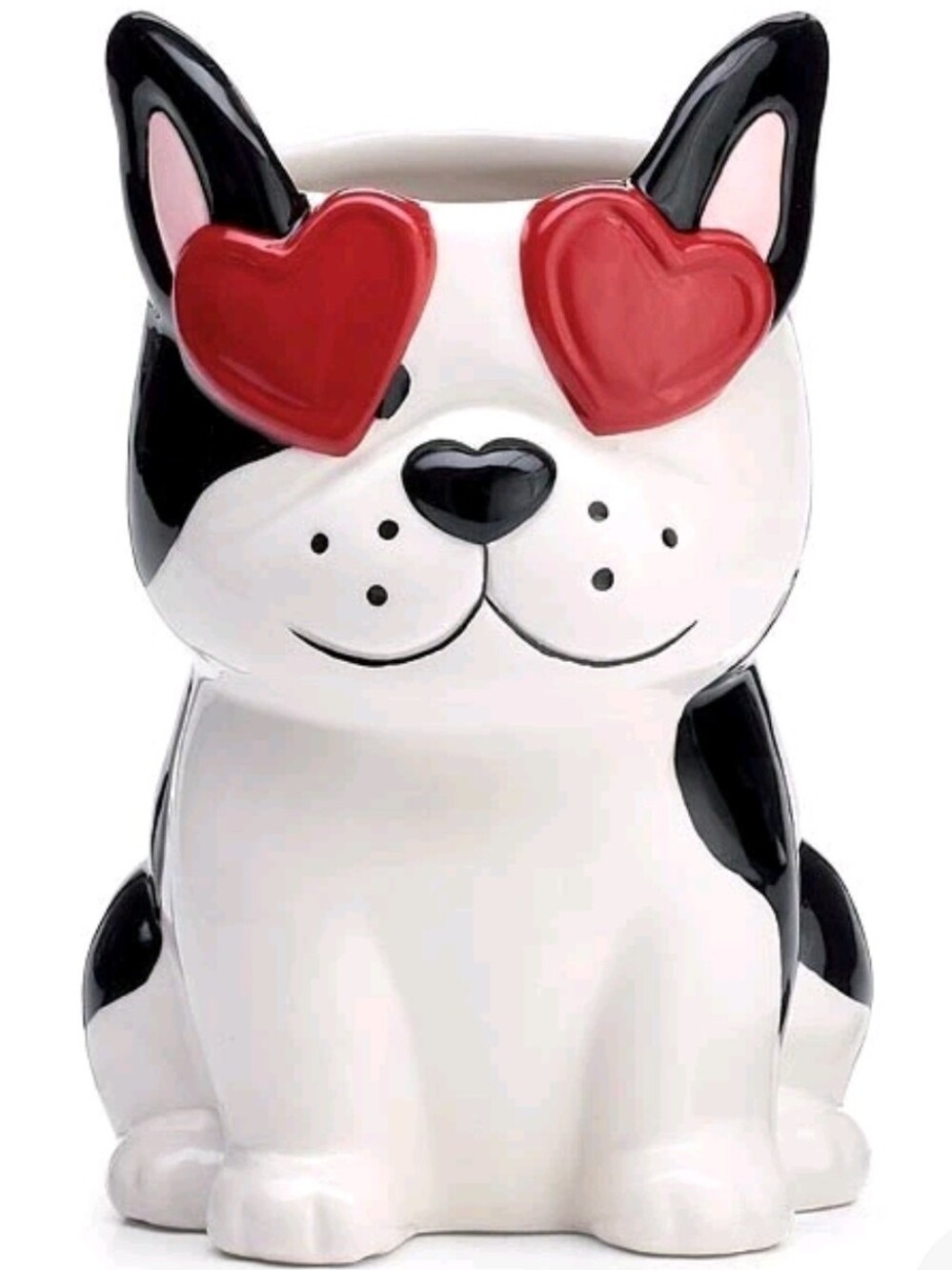 Hand Painted Ceramic Boston Terrier Dog Shaped Vase Heart Eyes